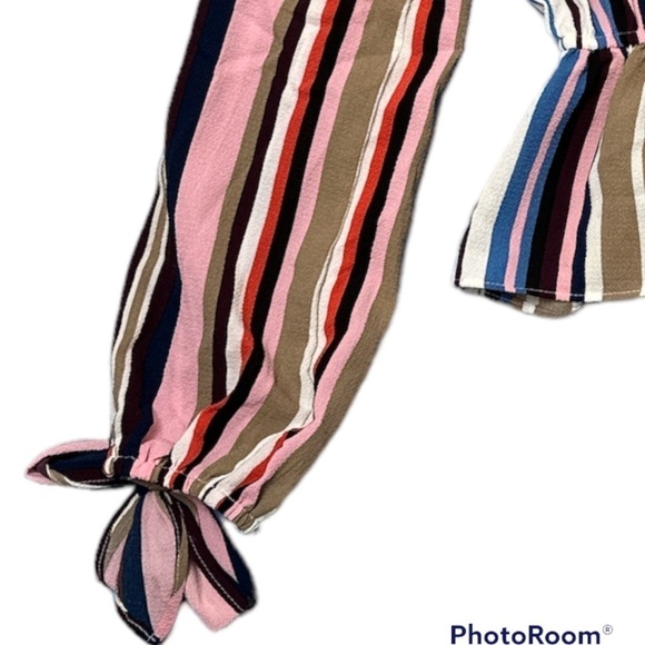 Lulu’s Off the Shoulder, Peplum Ruffled Cuff Bow Tie Cuffs Striped Top - Picture 6 of 13